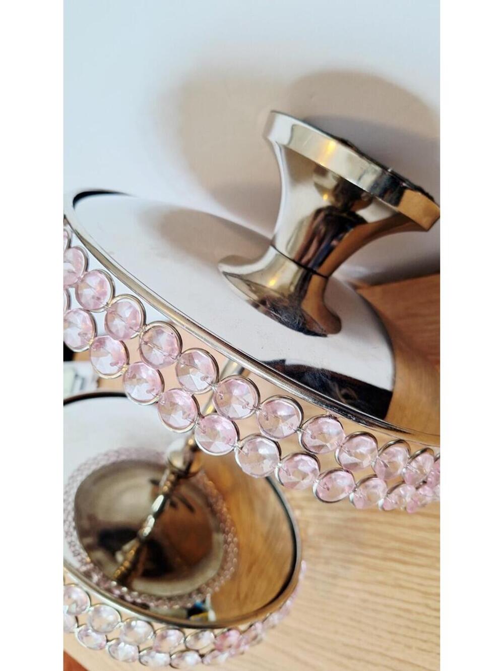 2-Tier Silver Metal Serving Stand Pink Faux Crystal Beads Dessert Jewelry Tower - Picture 8 of 16